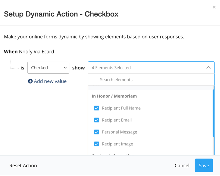 Notify Via Ecard Dynamic Action Defaults