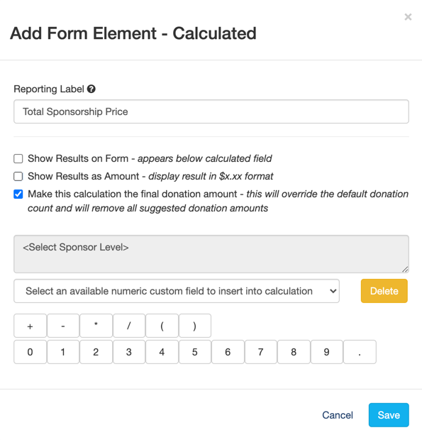 Add Form Element - Calculated Sponsor Levels