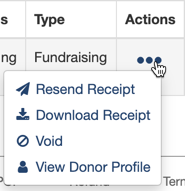 User with Finance - Search Transaction Actions Menu