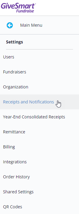 Settings Menu - Receipts and Notifications section